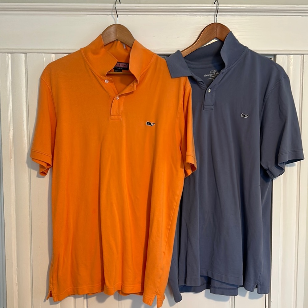 Two Men’s L vineyard vines polos pumpkin and slate grey colors
